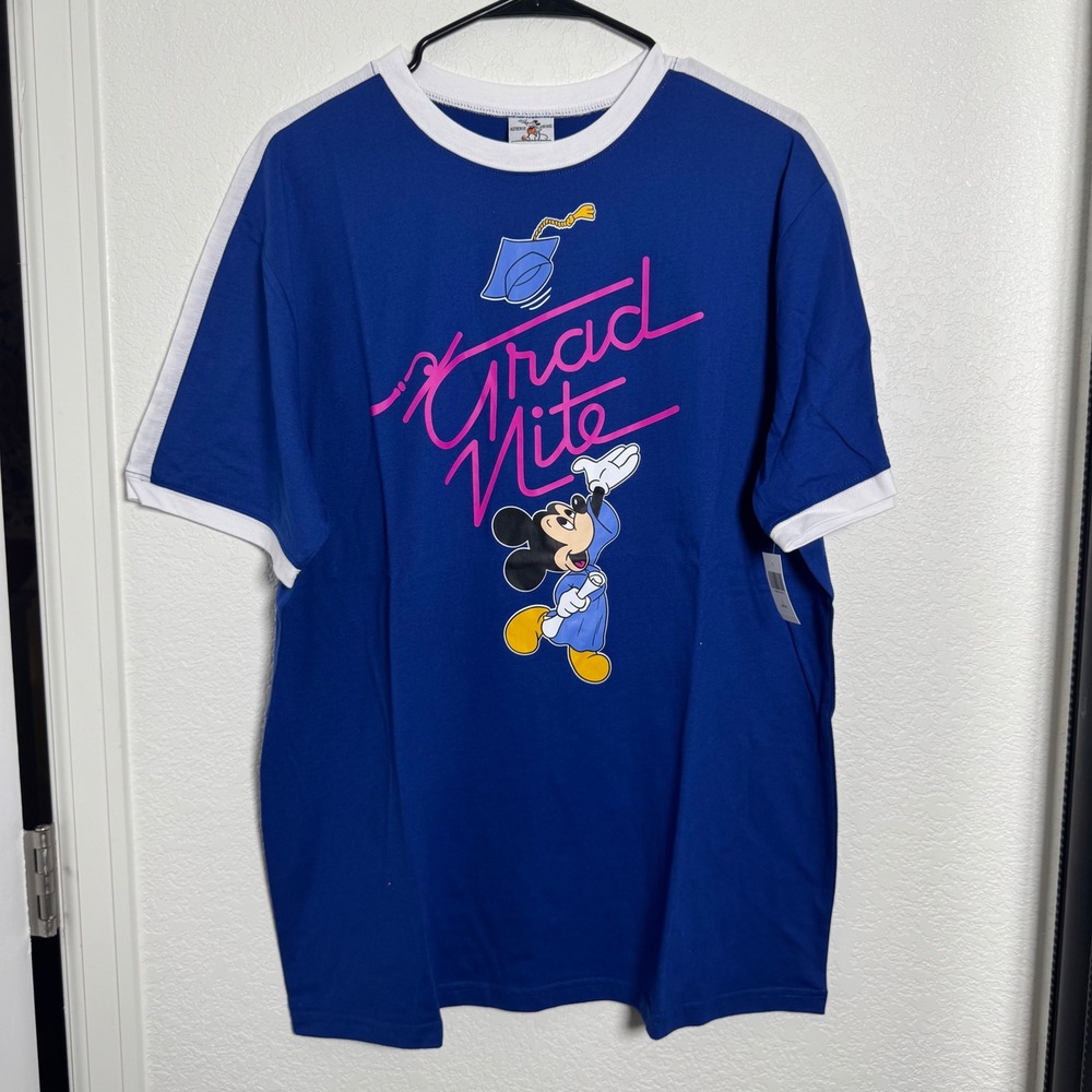 Disney Parks T-Shirt Mens L Blue Grad Nite Mickey Mouse Ringer Retro Vintage